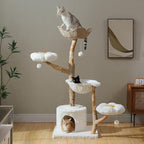 Cat Tree for Indoor Cats Large Adults, 59 Inches Modern Cat Tower with Large Basket and Hammock, Natural Solid Wood, Luxury Condo & Dual Perches, Modern Cat Furniture for Big Cats, White