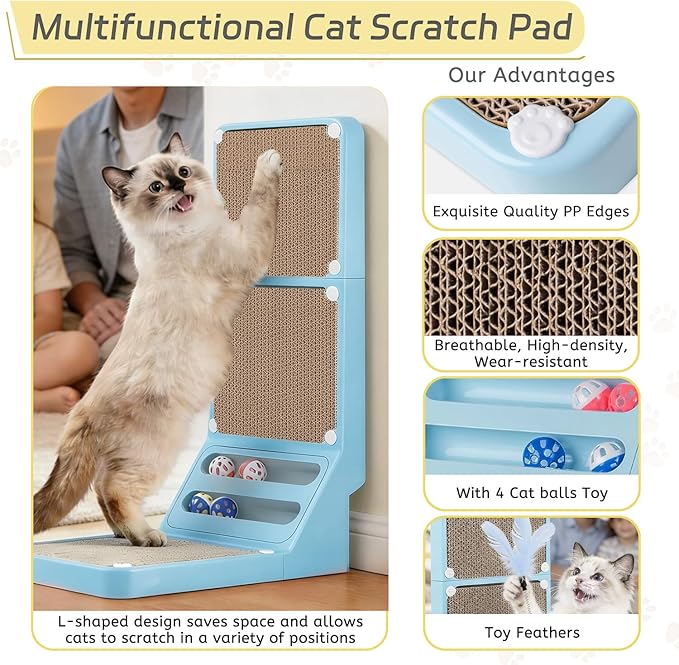 Cat Scratcher Cat Scratch Pad L Shape Wall Mounted Dual Use (Vert/Horiz) Kitten Bunifa Scratching Card Board Vertical Post with Ball Toys Feathers,Protecting Furniture Core is Replaceable Large Blue