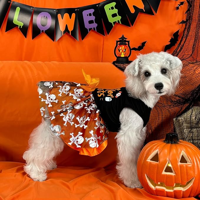 XPUDAC Halloween Dog Dress Costumes for Small Dogs Girl Tulle Dress Dog Clothes Skull Holiday Pet Costume Cat Outfits, Orange-Small