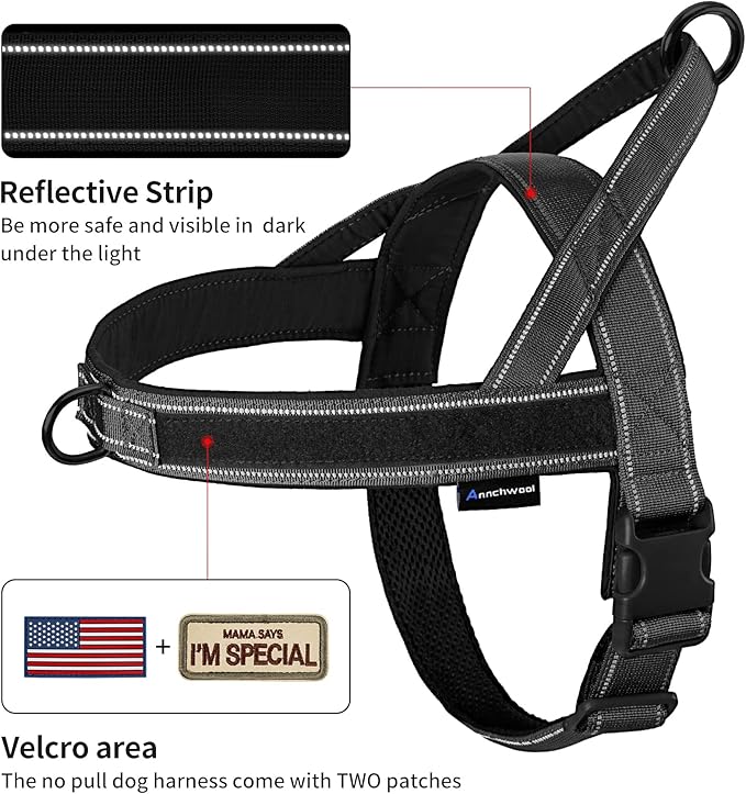 Annchwool No Pull Dog Harness with Padded Handle+5 Ft Leash,Reflective Strip Escape Proof and Quick Fit to Adjust Dog Harness,Easy for Training Walking for Small & Medium and Large Dogs(Black-Set,XL)