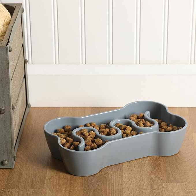 Gibson Home Curious Canines 9” Slow Feeder Dog Bowl, Bone Shaped Melamine Anti-Gulp Pet Bowl, Non-Slip, Dishwasher Safe, Blue