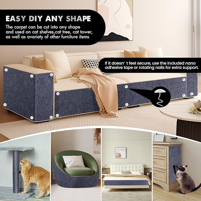 Cat Scratch Furniture Protector - 78.7" x 15.8" Ultra-Durable Couch Scratch Protector from Cats, No Shedding, Fits Any Furniture, Includes Nano Adhesive and Rotating Nails, Furniture Savior (Gray)