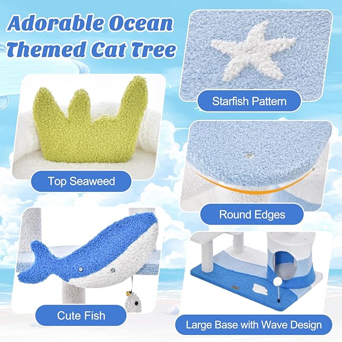 PETSITE Ocean-Themed Cat Tree for Indoor Cats, Multi-Level Cat Tower with Natural Sisal Scratching Posts, Hanging Toys and Padded Top Perch, Modern Cat Tree for Large Cats 20 lbs Heavy Duty (66")