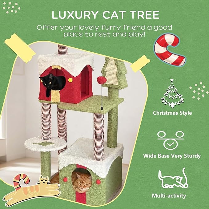 Christmas Cat Tree, 54" Tall Multi-Level Cat Proof Tower with Cat Condos, Top Perches, Sisal Scratching Posts and Board, Kittens Play Activity Center for Indoor Cats, Red/Green (54")