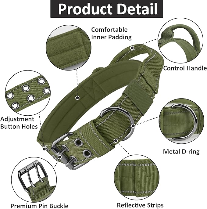 Tactical Dog Collar with Control Handle, Military Adjustable Pet Collar Reflective Heavy Metal Buckle Dog Collar, Soft Nylon Training Collar for Medium Large Dogs (Green, Large)