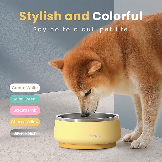 Pawaii Dog Bowl, 34 oz Double-Wall Stainless Steel Food and Water Bowl, Non-Slip Rubber Base, Dishwasher Safe, ID Tag Included, (1 Pack)