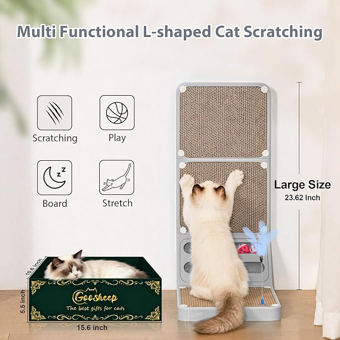 Cat Scratching Board Cat Scratching Post,2-in1 L Shaped Cats Cardboard Scratcher with Box, Kitten Scratcher Ball Wall Scratchers Pad for Indoor Cats Grey