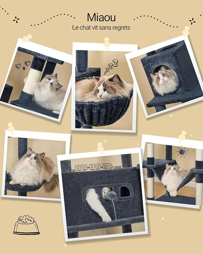 Cat Tree, 82.6" Large Cat Tower for Indoor Cats, Multi-Level Cat House with Condo, 8 Scratching Posts, Hammock, 4 Pom Poms, Dark Grey MS21018SG