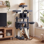 DORTALA Multi-Level Cat Tree, 65" Tall Cat Tower with 3 Plush Perch, 2 Condos, Basket Bed, Sisal Scratching Posts & Board, Hanging Pompoms, Indoor Pet Climbing Furniture (Dark Grey)
