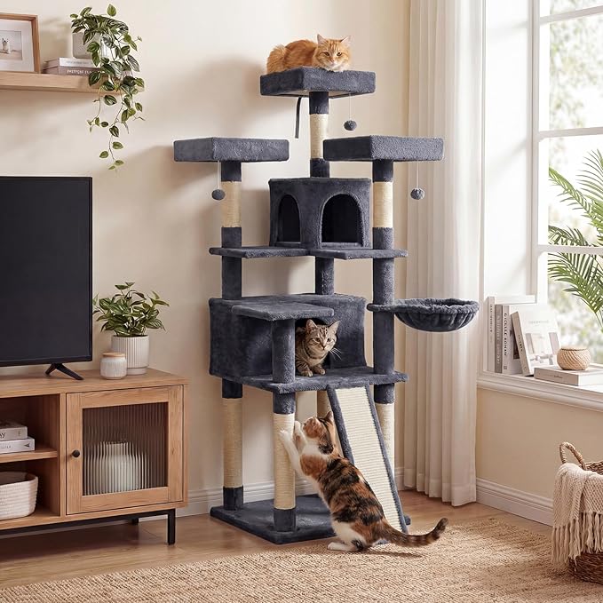 DORTALA Multi-Level Cat Tree, 65" Tall Cat Tower with 3 Plush Perch, 2 Condos, Basket Bed, Sisal Scratching Posts & Board, Hanging Pompoms, Indoor Pet Climbing Furniture (Dark Grey)