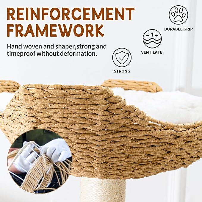 Cat Tree for Indoor Cats, 61'' Multi-Level Solid Wood Cat Tower for Large Adult Cats, Heavy Duty Modern Cat Tree with 9 Sisal Rope Posts, 3 Spacious Perches & Cozy Basket, Stable and Easy to Assemble
