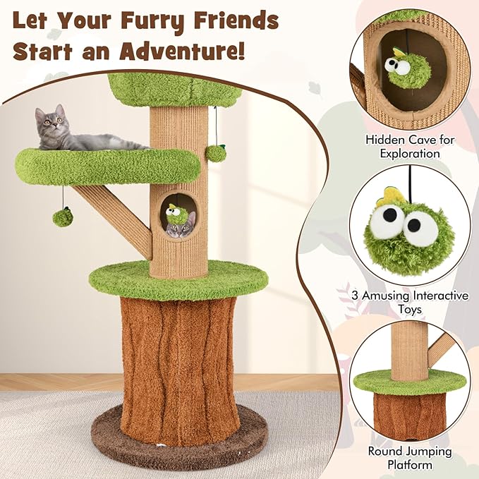 PETSITE 58 Inch Forest-Themed Cat Tree, Multi-Level Cat Tower with 2 Cute Condos, Plush Perch, Teasing Balls, Sisal Posts, Hidden Cave, and Removable Cushions, Modern Cute Cat Tree for Indoor Cats