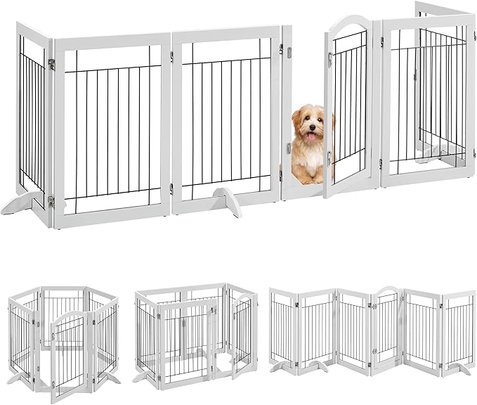 Yaheetech 32-inch Tall Dog Gate with Door Extra Wide Pet Gate for Dogs, Foldable Wire & Wooden Puppy Safety Fence w/3 Support Feet,Freestanding Dog Gate for The House, Doorway, Stairs(White,6 Panels)