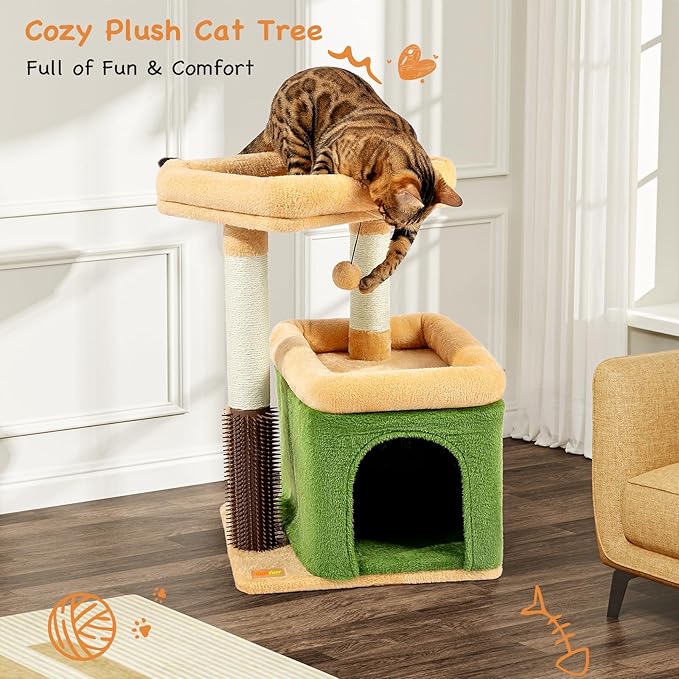 Small Cat Tree for Indoor Cats, Cat Scratching Post with Condo, Tower, Plush Cozy Perch, Massage Brush, Activity Hanging Pompoms for Kittens (Green)