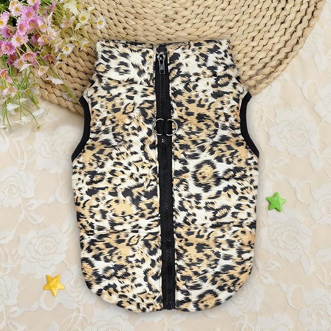Idepet Pet Dog Cat Coat with Leash Anchor Color Patchwork Padded Puppy Vest Jacket Teddy Chihuahua Costumes Pug Cloth XS S M L(X-Large,Leopard)
