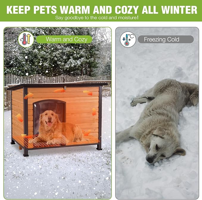 GUTINNEEN Large Heated Dog House Outdoor Insulated Dog House Weatherproof Dog Kennel with Thermostat-Controlled Heating Pad, 6-Sided Thermal Liner, Chew-Proof Metal Frame for Large Dog Breeds