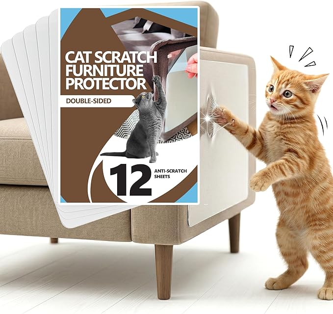 Cat Scratch Furniture Protector, 12-Pack Double-Sided Couch Protector from Cat Claws — Sticky Anti-Scratch Training Tape Sheets for Sofa, Door & Corner, Clear Cat Deterrent