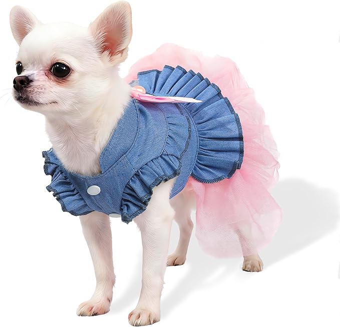 Dog Dress, Fashion Puppy Tutu Princess Dresses for Small Dogs Girl, Sweet Skirt with Dog Bowknot Clips, Spring Dog Cat Clothes Pet Apparel (Denim Princess Dress, Medium)