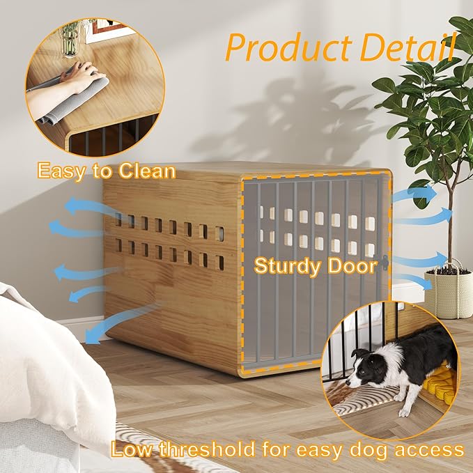 Wooden Puppy Crates for Small Dogs, Pinewood 30 inch Small Dog Crate Kennel Indoor Cage Furniture Heavy Duty, Pet House End Table for Bedroom, Living Room, Natural