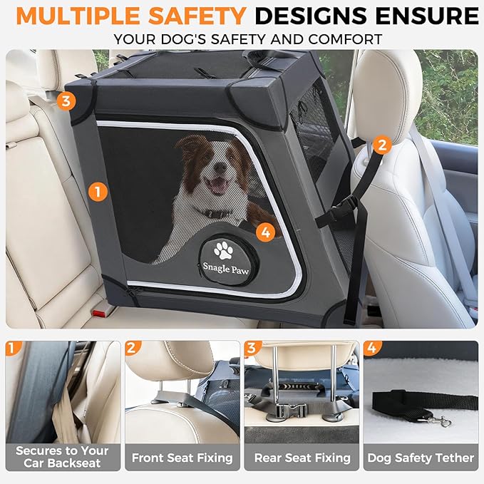 Snagle Paw Portable Dog Crate for Car Travel,Metal Frame Pet Crate,Pet Carrier for Car Back Seat Secures with Headrest Strap and Seatbelt,L,Gray