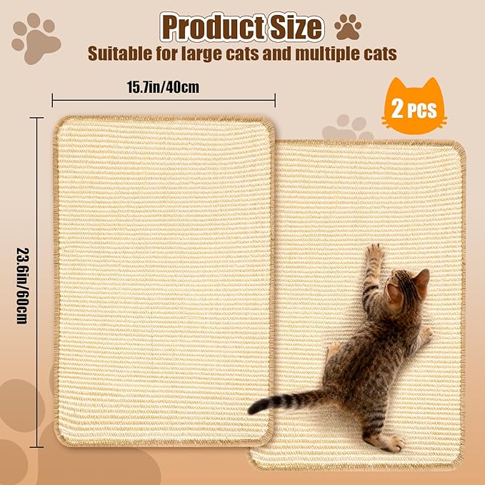 Paceray Cat Scratching Mat, 2 Pack Natural Sisal Scratching Pad for Indoor Cats, Perfect Wall Scratchers with Tape for Couch, Sofa and Carpet Protection (23.6" x 15.7")