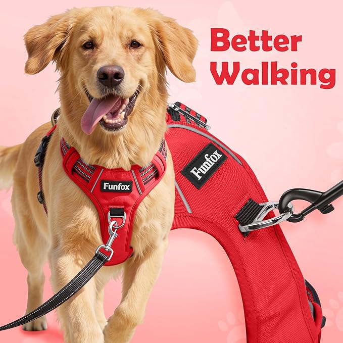 Funfox Dog Harness No Pull, Adjustable Pet Vest Harness, Super Soft Material with Vertical Handle Easy Control, Reflective Night Walking, 2 Leash Clips for Small Sized Dogs, Red, S