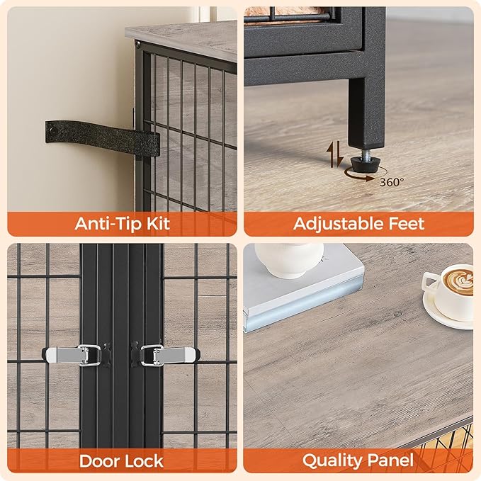 Dog Crate Furniture for 2 Dogs, 43.3" Dog Kennel with Removable Divider, Heavy Sturdy Dog Furniture Style Double Cage for Small Medium Dog, Indoor Pet House End Table, Greige DCHG1201