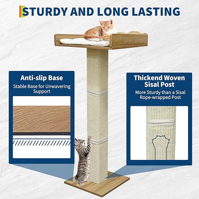 GarveeLife Cat Window Perch with Tall Scratching Posts and 2 Platforms, 40 in Sisal Climbing Tree Hammmock with Suction Cups, 2 Install Ways, Cats Window Bed with Removable Cushion