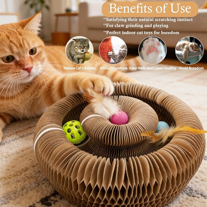 Upgraded-Magnetic Magic Organ Cardboard Cat Scratcher Board Toy, New Feather Balls Cardboard Scratching Pad for Mental Physical Exercise, Interactive Toys for Indoor Cats, Kitty