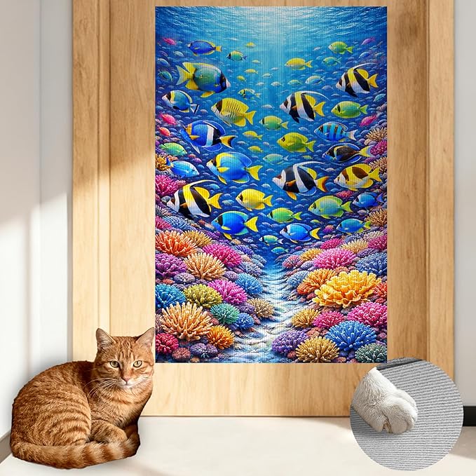 Nuxovilar Cat Scratching Mat 15.3x23.6 Inches Polyester Synthetic Fiber, Underwater Coral Reef Print, wall cat Scratcher, Scratch pad, Home Decor, Bathroom, Coastal Themed Room (2pcs)