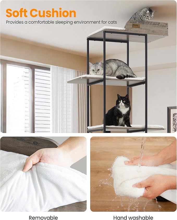 Wood Cat Tree Tower, 84 Inch Modern Extra Tall Cat Condo Trees for Indoor Cats Large Adult, XL Multi-Level Heavy Duty Wooden Sturdy Cat House Furniture with Platform Perch Bed Scratching Post
