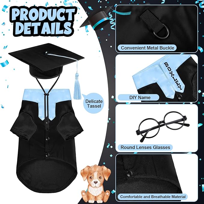 5 Pcs Dog Graduation Costume Set Include 2026 Pet Graduation Gown with Stole Puppy Grad Cap Lensless Glasses DIY Letter Stickers for Dogs Cats Holiday Costume Accessory(Black Light Blue,L)
