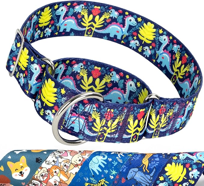 1.5 Inch Wide Martingale Dog Collar - Dinosaur Pattern No Pull Thick Collar for Large Dogs, Heavy Duty Adjustable Training Collar for Medium, Large & XL Dogs（Dinosaur L）