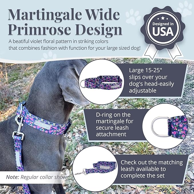 Lucky Love Dog Wide Martingale Dog Collar - No-Slip, Durable, & Soft Webbing 1.5 inch Martingale Collar for Dogs Male and Female Ideal for Training & Walking - Primrose, Large