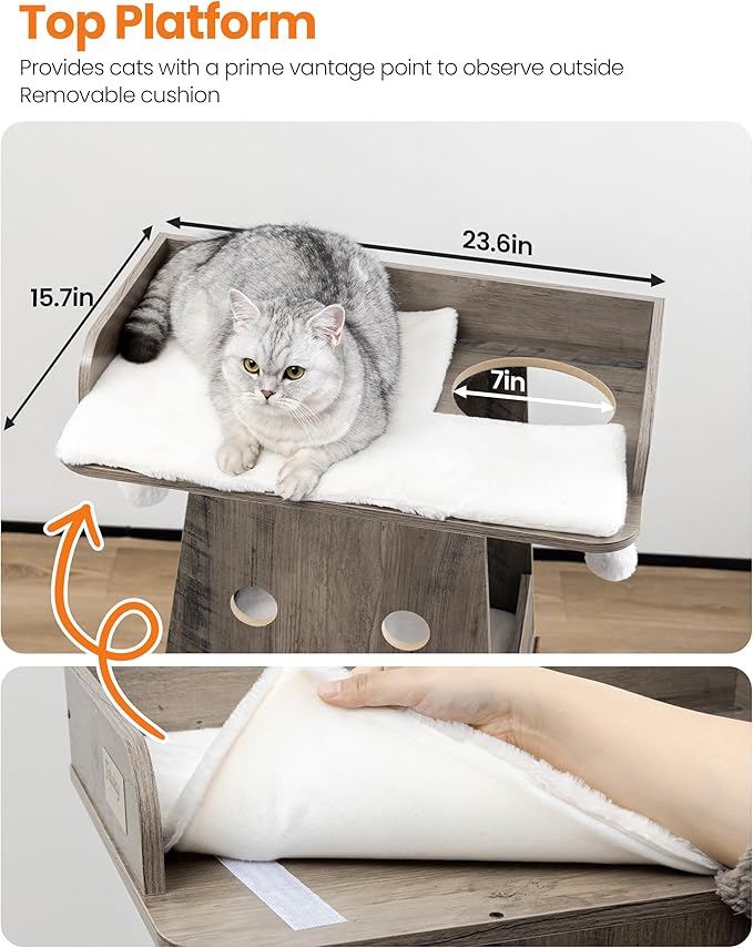 Modern Wood Cat Tree for Indoor Large Cats, 56 Inch Tall Cat Tower with Perch Bed, Multi-Level Trees with 2 Hammock, Cat Condo, Scratching Board, Removable Pads, Cat Furniture, Greige