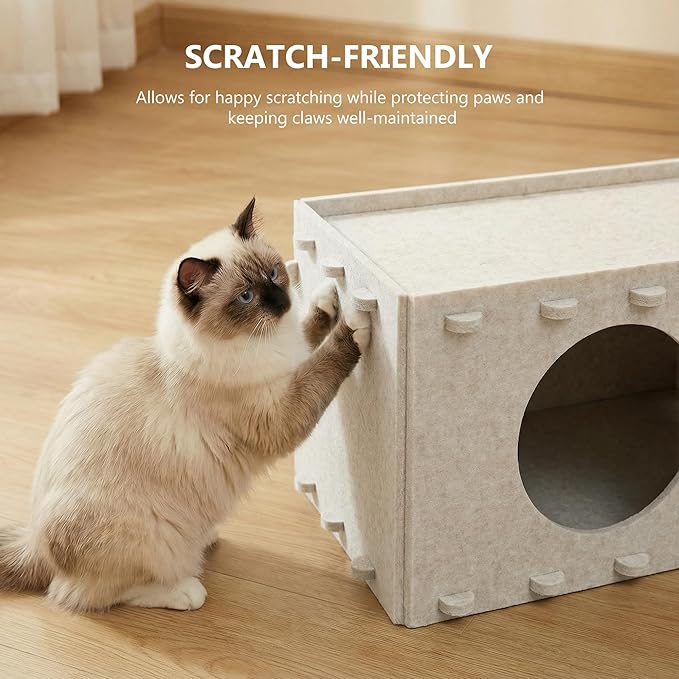 Cat House for Indoor Cats, Foldable Felt Cat Cave, Cat Hideaway, Cat Bed for Large & Multiple Cats, 23.6x15.8x11.8 inch, Cream