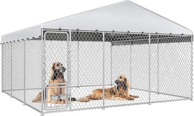 DWVO 14.8'x14.8' Dog Kennel Outdoor with Rotating Feeder Bowls, Outdoor Dog Pens with Roof, Heavy Duty Dog House for Medium Large Dogs