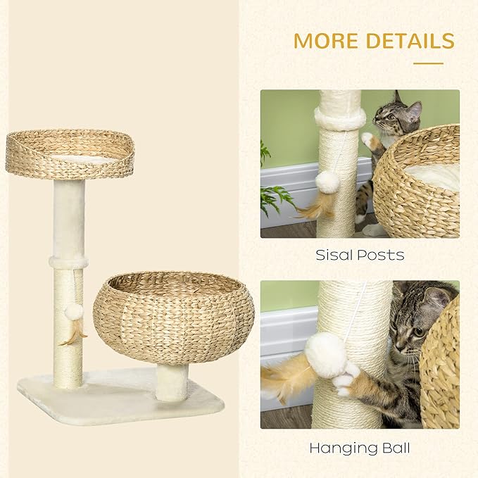 Modern 28” Cat Tree with Elevated Basket Bed & Sisal Scratching Post – Small Cat Condo for Indoor Cats Under 10 lbs, Plush Multi-Level Cat Tower, Beige