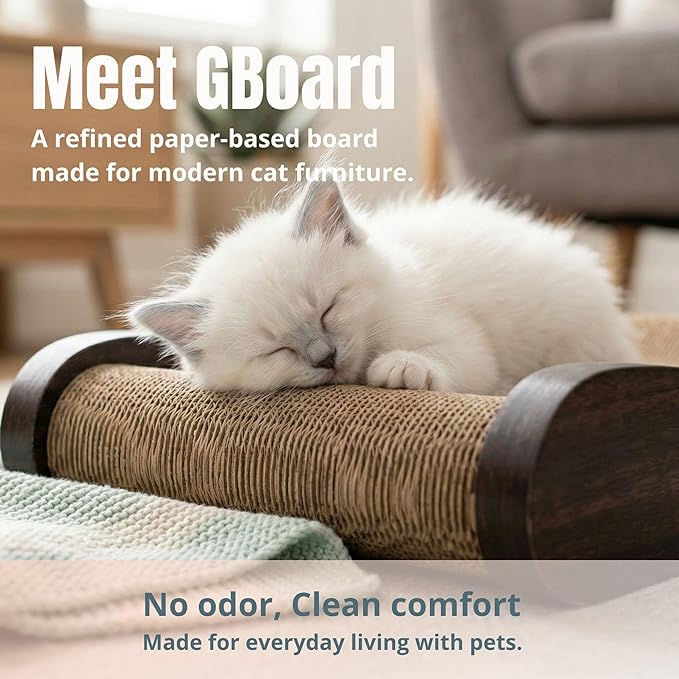 Claw Surfer Cat Bed - Cat Scratcher Bed & Lounge – Heavy Duty High-Density Cardboard, Lasts 5X Longer. Modern Curved Scratching Pad with 20mm White Frame. Non-Toxic, No Mess, Espresso