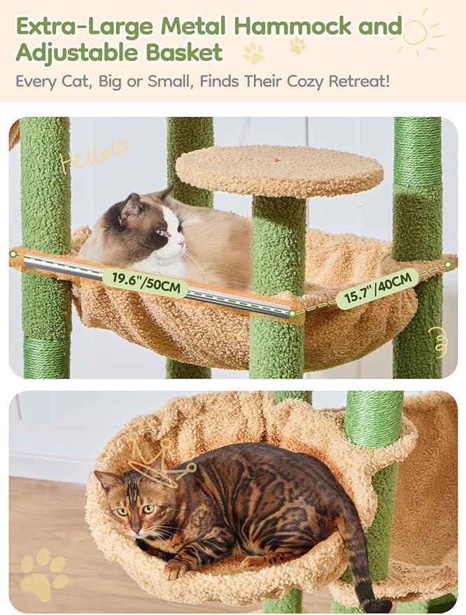 Taoqimiao 76-Inch Cat Tree XXL for Large Cats, Giant Cat Tower with Scratching Board, Extra-Large Metal Hammock, 3 Perches, 7 Sisal Posts, 2 Big Condos, Hanging Basket, Cactus, MS047T
