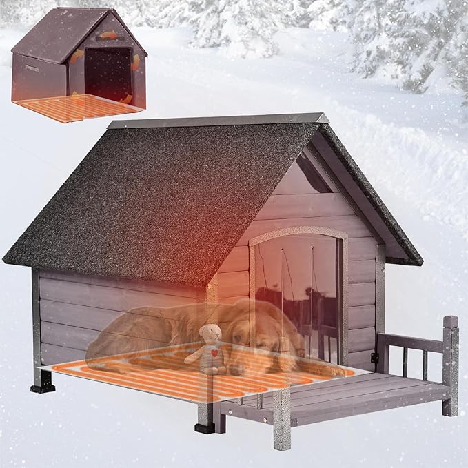 Dog House Outdoor, Insulated Dog Kennel Outside for Large Breed, 50.87" L Weatherproof Large Dog Shelter with Anti-Chewing Iron Frame (Grey-H, 45" D x 32.9" W x 32.6" H)