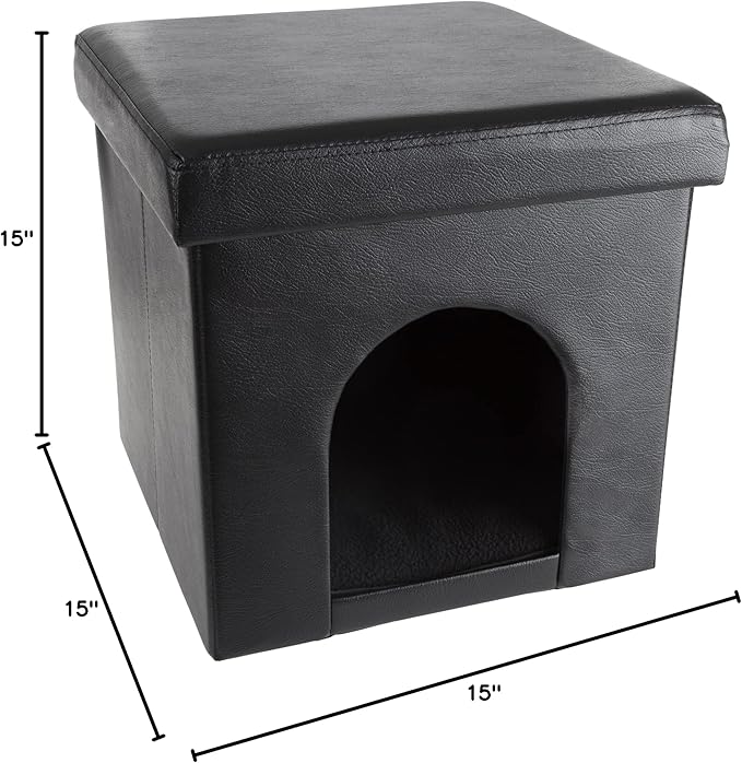 Cat House – Collapsible Multipurpose Small Dog or Cat Ottoman with Footrest, Cushioned Top, and Interior Pillow by PETMAKER (Black)