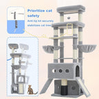 Hey-brother Cat Tree Tower, 71.5 Inches Scratching Posts with Extra Large Platform, 2 Cozy Condos, 2 Hammocks and Scratch Boards, Multi-Level House for Multiple Indoor Cats, Smoky Gray MPJ085W