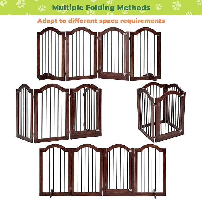 PrimeZone 96" Wide Dog Gate with Door - 30" Tall 4-Panel Solid Acacia Wooden Freestanding Puppy Gates, Foldable Indoor Pet Fence for Doorways, Stairs, Support Feet Included, Brown