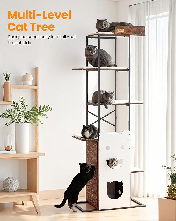 Wood Cat Tree Tower, 84 Inch Modern Extra Tall Cat Condo Trees for Indoor Cats Large Adult, XL Multi-Level Heavy Duty Wooden Sturdy Cat House Furniture with Platform Perch Bed Scratching Post