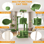Cat Tree, 54-Inch Cat Tower for Indoor Cats,Plush Multi-Level Cat Condo with Scratching Posts, Basket, Perches,2 Caves,2 Pompoms(Green)