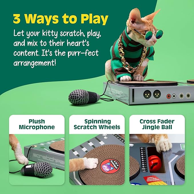 DJ Scratchpad by Relatable, Enrichment Cat Toys And Kitten Toys For Your Furry Friends, Cat Tree Essentials, Includes Box With 2 Scratch Wheels, 1 Plastic Ball With Bell, And Attached Microphone Plush