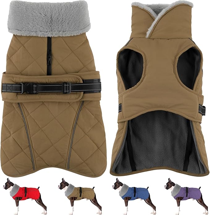 Dog Coat, Waterproof Dog Winter Jacket with Adjustable Buckle, Reflective Turtleneck Pet Snow Vest Warm Fleece Sweater for Small Medium Large Dogs - Khaki, S
