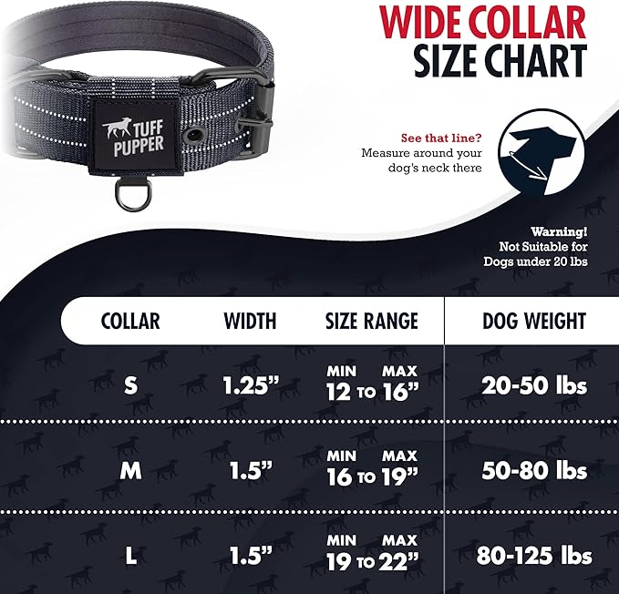 Tuff Pupper Heavy Duty Tactical Dog Collar | 1.5" Wide Ballistic Nylon | Reflective Stitching | Integrated ID Tag Holder | Stainless Steel Buckle | Padded Lining | Medium & Large Dogs (Black, Large)