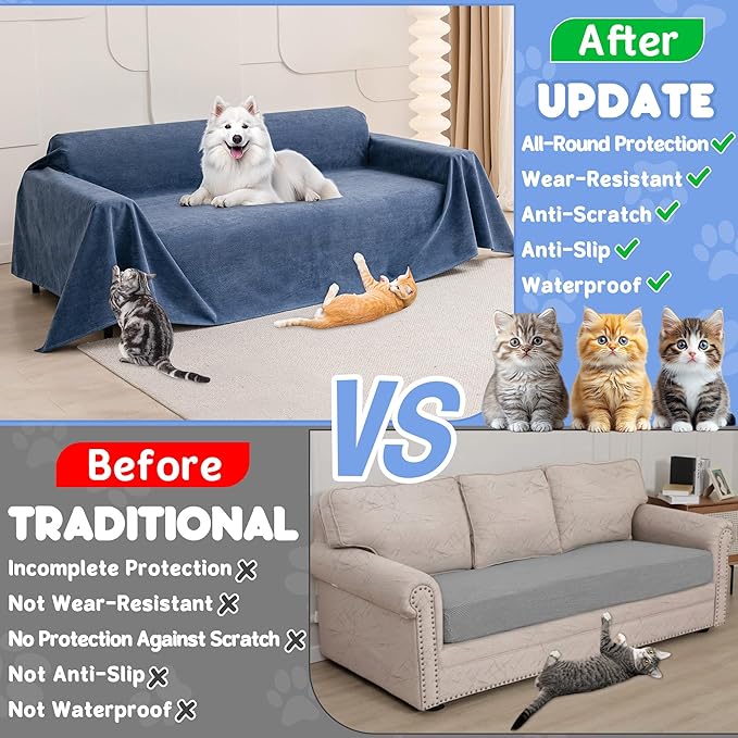 Cat Scratch Furniture Protector - Anti-Slip, Waterproof Sofa Cover to Keep Cats Off, Pet-Friendly Couch Protectors for 3 Cushion Couch, Anti-Scratch Couch Cover for Pets and Kids 118"X71"Navy Blue